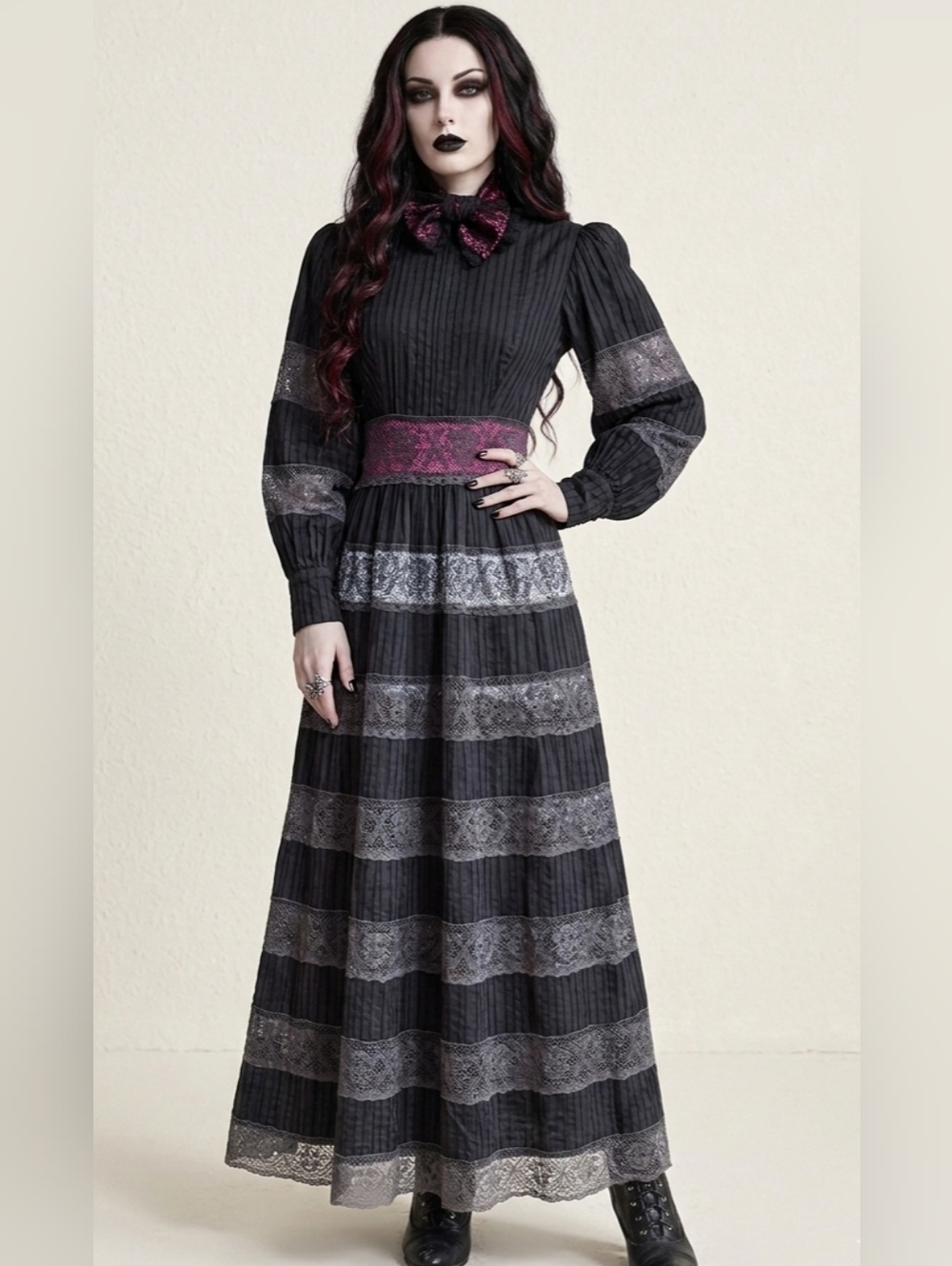 Vintage Gothic Prairie Victorian Striped Maxi Dress Black Pink S-M
